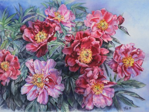 ピンク・ナチュラル水彩画 ピンクの牡丹の壁アート、アーティスト Irina Zhunaeva による