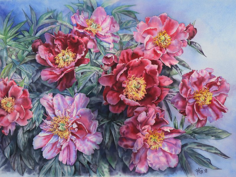 Pink Peonies wall art original watercolor painting by artist Irina Zhunaeva - 海報/掛畫/掛布 - 紙 多色