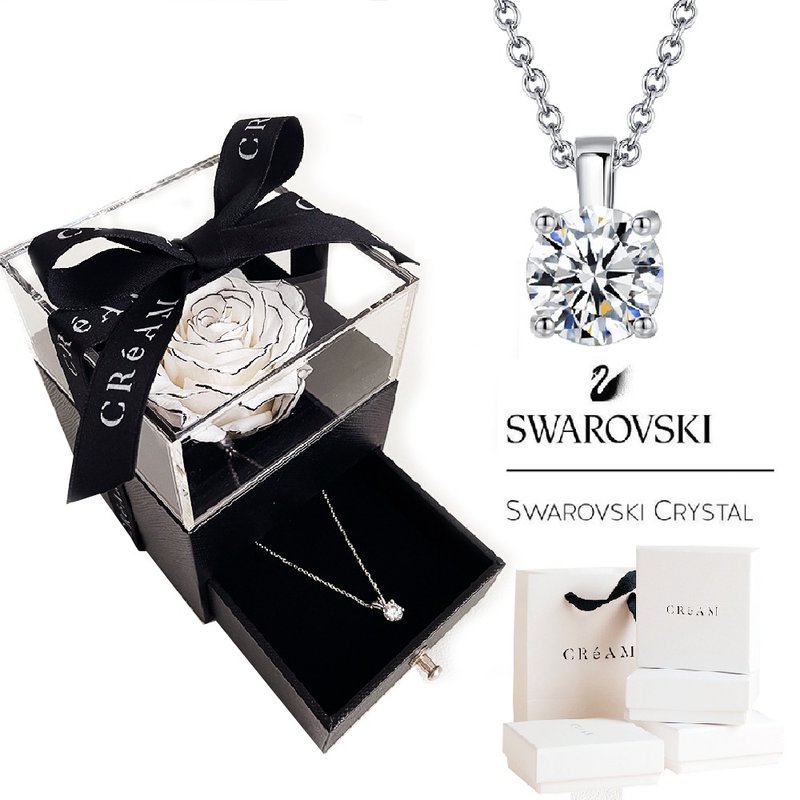 [CReAM] Preserved Flower Gift Box Small Fragrance Rose Swarovski Necklace Gift/Birthday - สร้อยคอ - โลหะ 