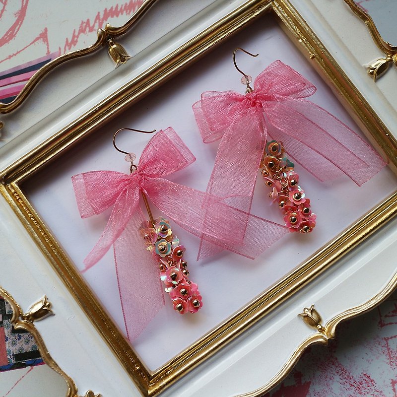 Yarn ribbon, bowknot, flower dangle earrings, ear hooks and Clip-On