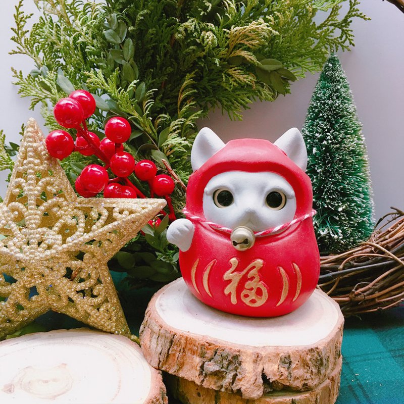 Red Dharma Lucky Cat with Round eyes right hand ,Cement Figurine - Items for Display - Cement Red