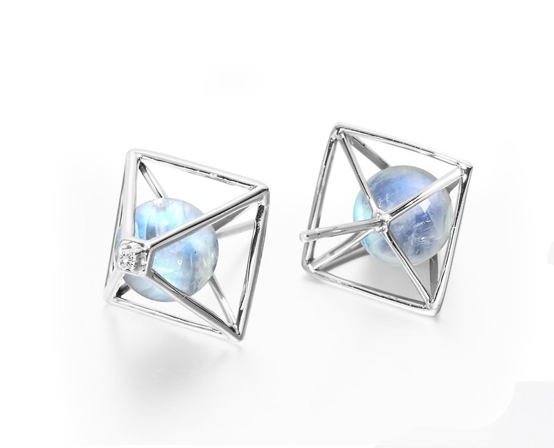Moonstone Earrings, Blue Light Gemstone, June Birthstone Earrings, Pyramid Stud - Earrings & Clip-ons - Precious Metals White