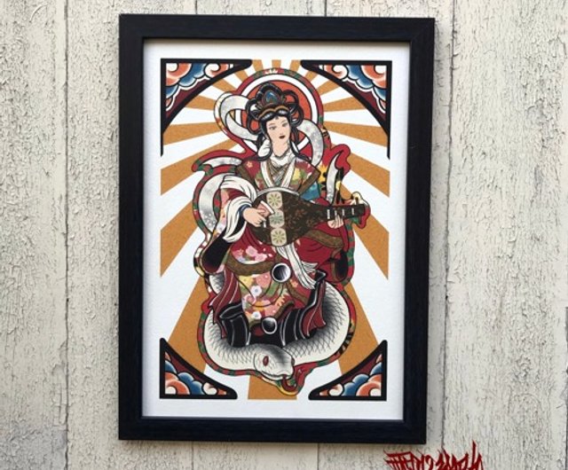 尾九開運イラスト七福神弁財天A4サイズフレーム付きbbqcomic29
