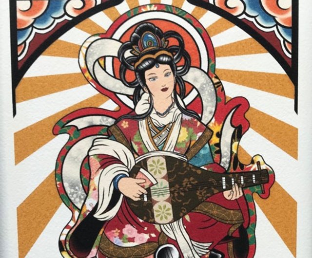 開運！弁財天樣 絵画(和装) 芸術・芸能・金運アップ！ A4壁掛け額入り 金運アップ 財運アップ 尾九 オリジナル イラスト 金豚 弁財天