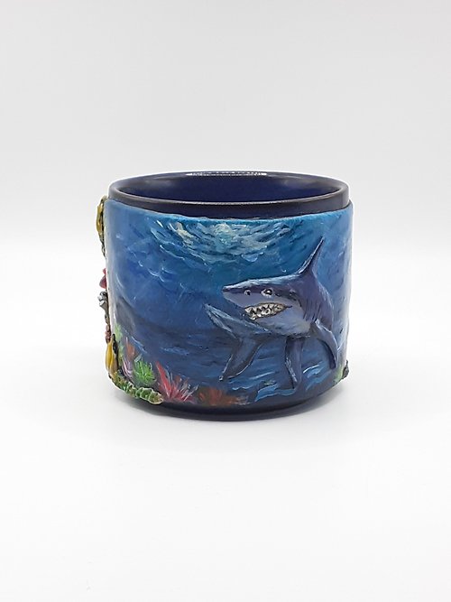 InariGlassStudio 聚合物粘土鯊魚杯手工海洋珊瑚飾品裝飾魚杯