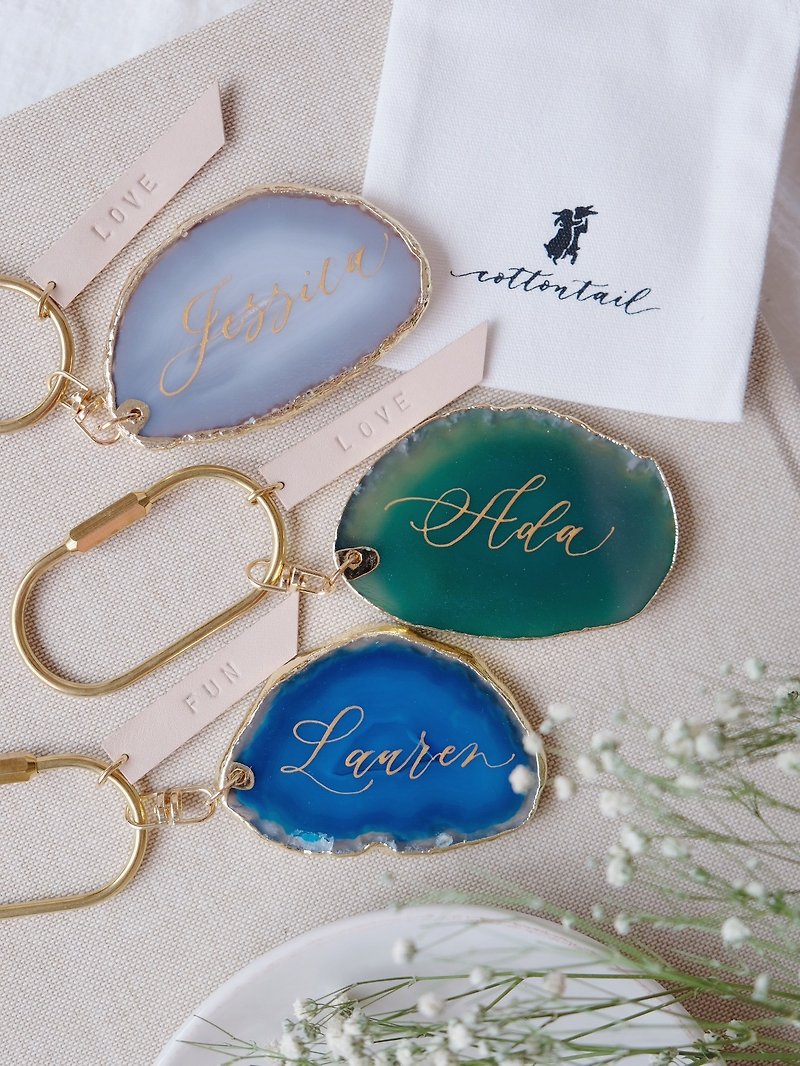 cottontail calligraphy personalized agate keychain - ที่ห้อยกุญแจ - เครื่องเพชรพลอย ขาว