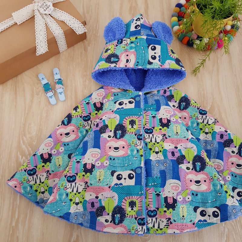 Japanese thick cotton cute animal face blue line ~ double-sided cloak cloak multi-purpose use - เสื้อโค้ด - ผ้าฝ้าย/ผ้าลินิน สีน้ำเงิน