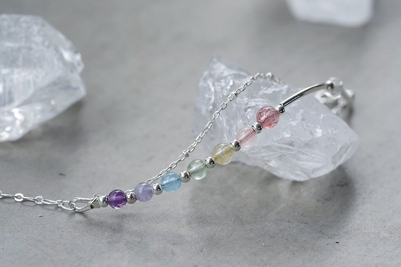 [Rainbow] Gradient - 925 Sterling Silver Natural Stone Double Chain Bracelet - Bracelets - Semi-Precious Stones Multicolor