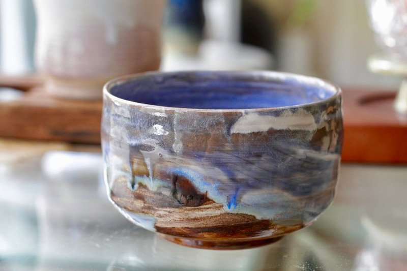 看海的日子油畫風手拉坏陶碗/茶碗/抹茶碗 - 茶壺/茶杯/茶具 - 陶 多色
