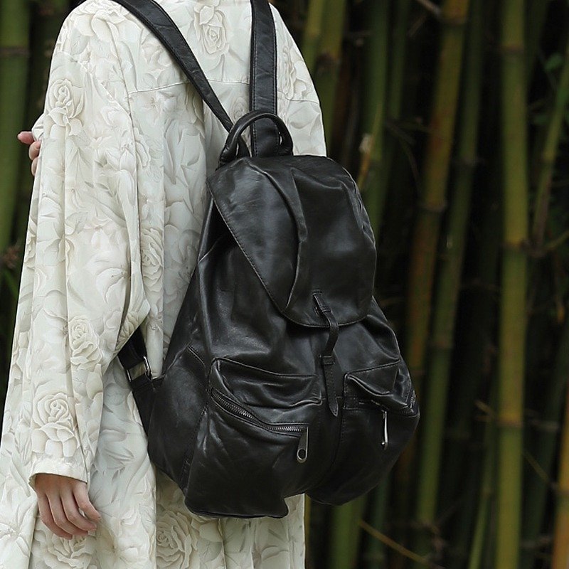 Curved clamshell multi-sandwich soft back backpack black - Backpacks - Genuine Leather Black