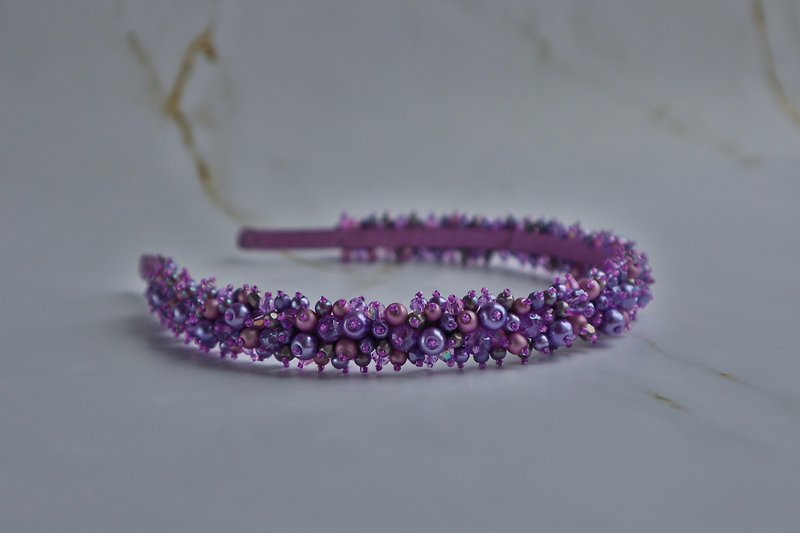 Narrow lavender headband, pearl headband, wedding headband, beaded headband - 髮飾 - 玻璃 紫色