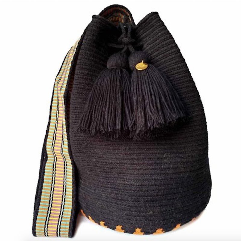 【Timida】Wayuu Bag 瓦尤包(L)/哥倫比亞純手工/每款只有一個 - 側背包/斜孭袋 - 棉．麻 黑色