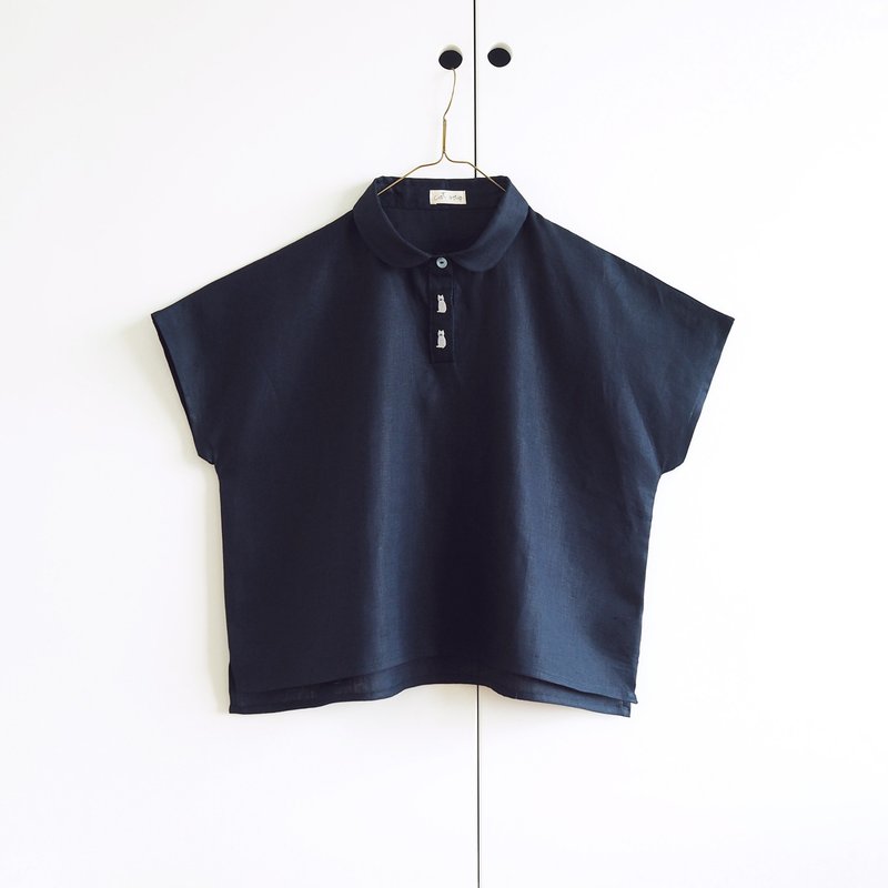 貓咪鈕釦襯衫：海軍藍 - 女裝上衣 - 其他人造纖維 藍色