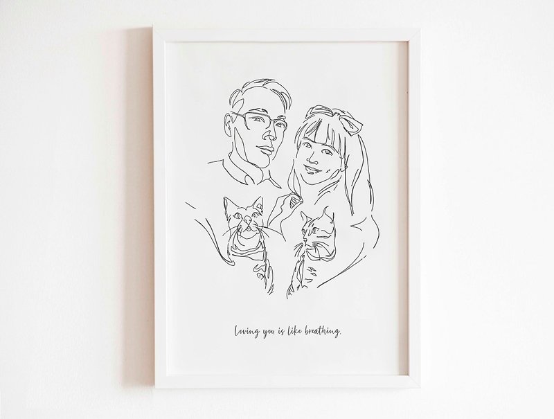 Family portrait fashion simple line drawing 4 people custom painting pet painting birthday gift customized gift - Customized Portraits - Paper White