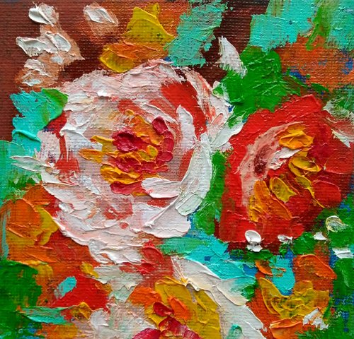 抽象的な油絵 花のようなデザイン 抽象的な花の油絵、小さなオリジナルの花のアートワーク、牧草地