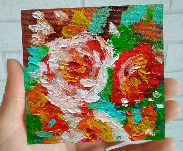 抽象的な油絵 花のようなデザイン 抽象的な花の油絵、小さなオリジナルの花のアートワーク、牧草地