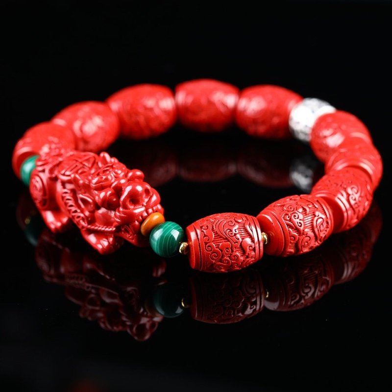 Natural cinnabar fine imperial sand auspicious cloud barrel bead Pixiu bracelet specification 12.5mm - Bracelets - Gemstone 