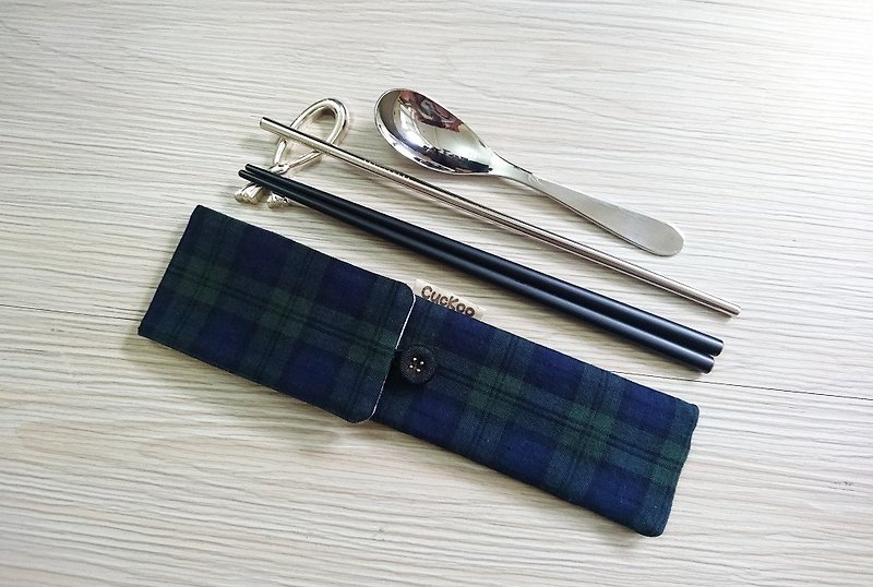 Green tableware storage bag combination chopsticks special Scottish Plaid - ช้อนส้อม - ผ้าฝ้าย/ผ้าลินิน 