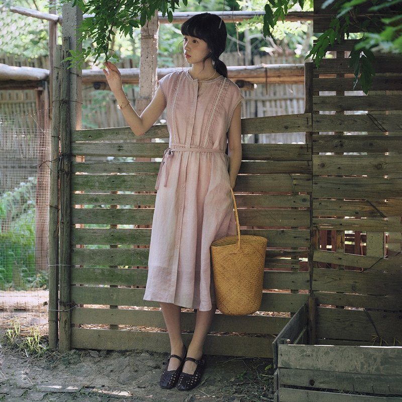 樹莓粉系帶連衣裙|洋裝|夏款|Sora-1824 - 洋裝/連身裙 - 棉．麻 粉紅色