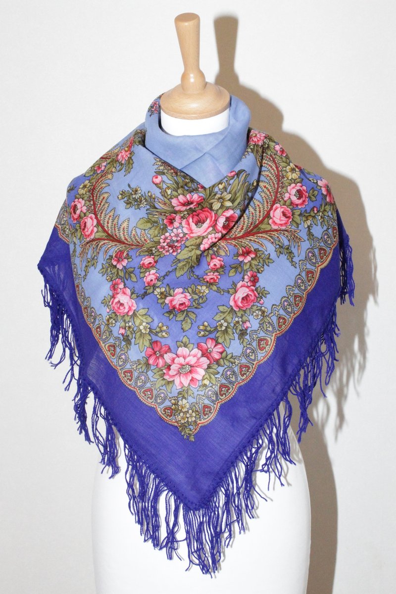 Authentic Pavlovo Posad Russian Shawl Scarf Soft 100% Wool 89x89 cm 1264-14 - 絲巾 - 羊毛 藍色