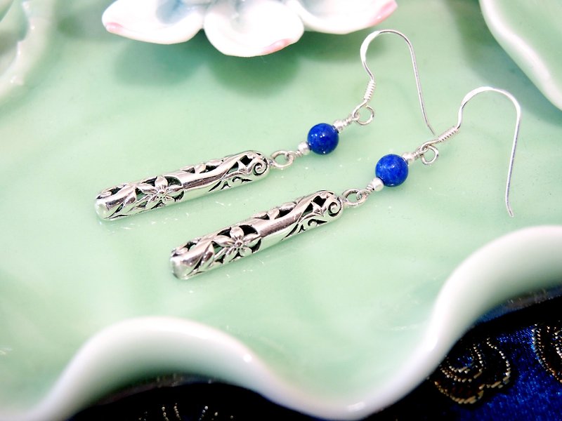 Mother's Day Gift Box Customized Gift-Blue and White Porcelain-Classical Lapis Lazuli Basket Air Carved 925 Sterling Silver Earrings - Earrings & Clip-ons - Gemstone Blue