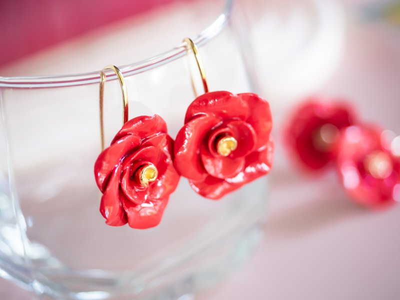 Red Rose Porcelain Hook Earrings - Sterling Silver 925 - Earrings & Clip-ons - Porcelain Red