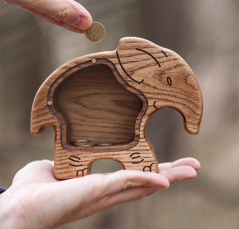 Wood Coin Banks - Wooden elephant piggy bank, toys Customized gift, coin bank, animal money box