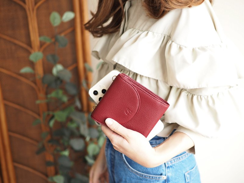 Tart (Burgundy) : Short wallet, Cow leather, Wallet with long strap, Dark red - กระเป๋าสตางค์ - หนังแท้ สีแดง