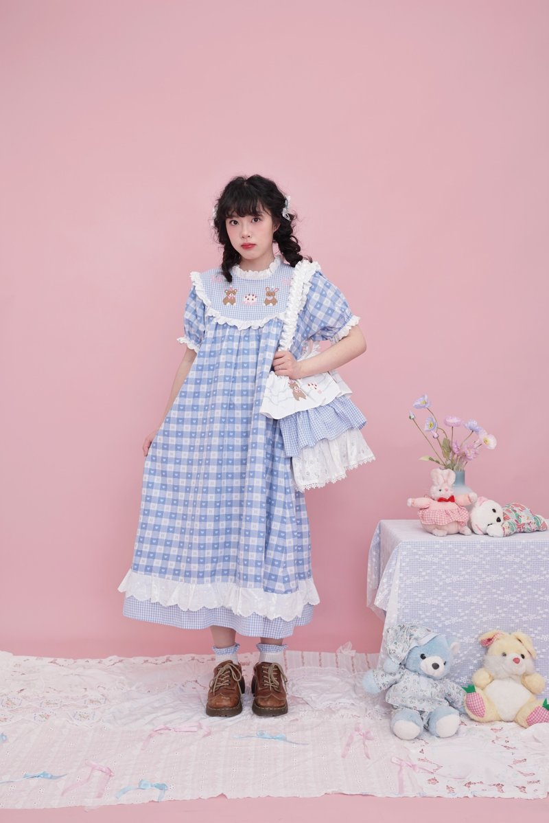 復古少女 愛心泡泡袖連身裙 - 洋裝/連身裙 - 其他材質 藍色