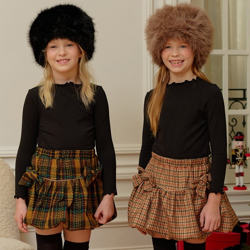 Noël Check Club Skirt – Brown, Yellow 诺埃尔格纹俱乐部裙 - 女童洋裝/裙子 - 其他材質 咖啡色