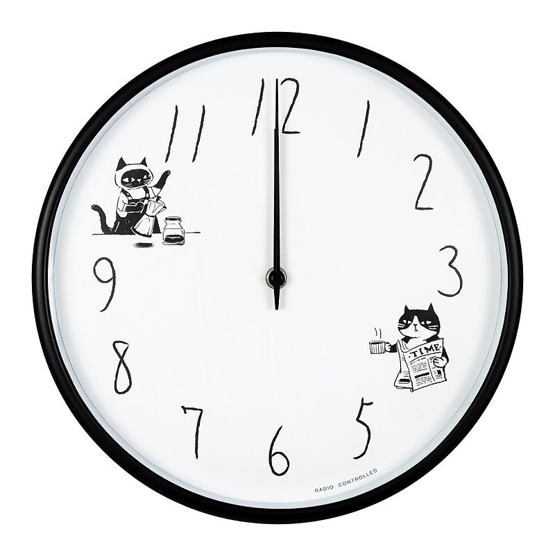 Silent radio clock wall clock automatic time school l Mr. Cat's afternoon tea - Clocks - Plastic White