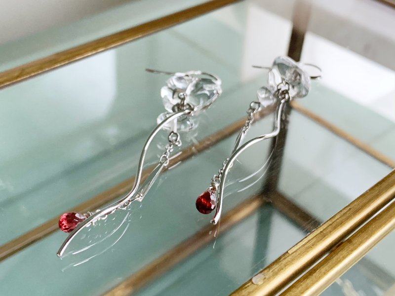 【1月と4月の誕生石】水晶  と ガーネット の ピアス/イヤリング - 耳環/耳夾/耳骨夾 - 半寶石 紅色