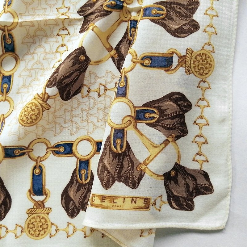 Celine Vintage Handkerchief Badge and Charm 18.5 x 18.5 inches, vintage scarf - ผ้าพันคอ - ผ้าฝ้าย/ผ้าลินิน สีเหลือง