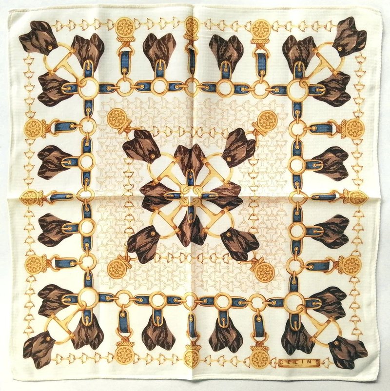 Celine Vintage Scarf - Handkerchief Badge & Charm 18.5 x 18.5 inches - 絲巾 - 棉．麻 黃色