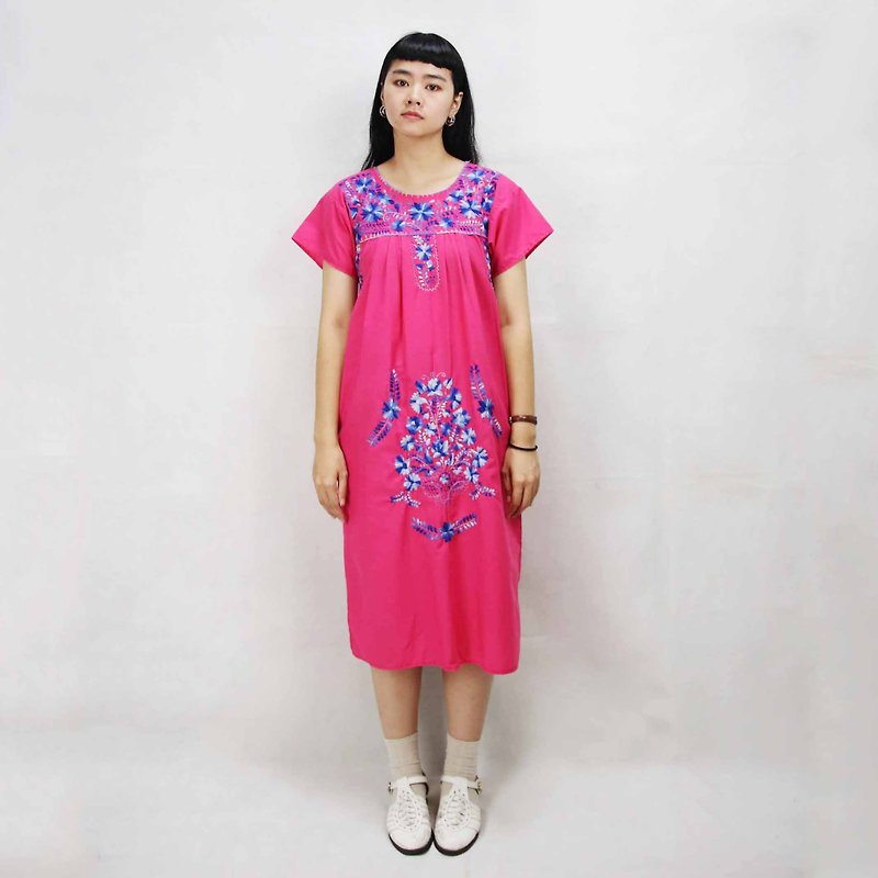 Tsubasa.Y Antique House 005 Pink Flower Embroidered Dress, Embroidered Dress Cotton - ชุดเดรส - ผ้าฝ้าย/ผ้าลินิน 