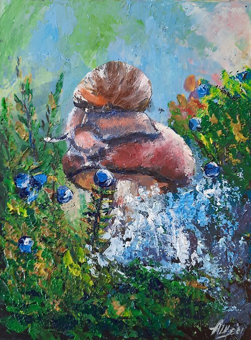 AsheArt Snail painting Original acrylic painting Mushroom painting Forest landscape art