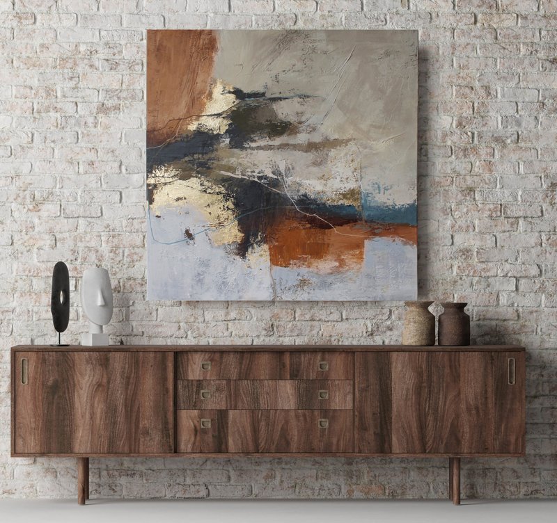 Painting abstract cream brown tan | Abstract painting gray beige | Orange Flight - 壁貼/牆壁裝飾 - 棉．麻 咖啡色