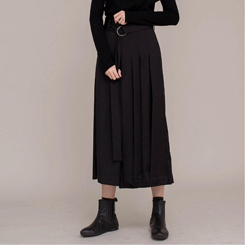ブラック3次元カットプリーツ非対称デザイン100％フルウールワイドレッグパンツスカートパンツワイドパンツマウンテンスタイル風 - パンツ レディース - ウール ブラック