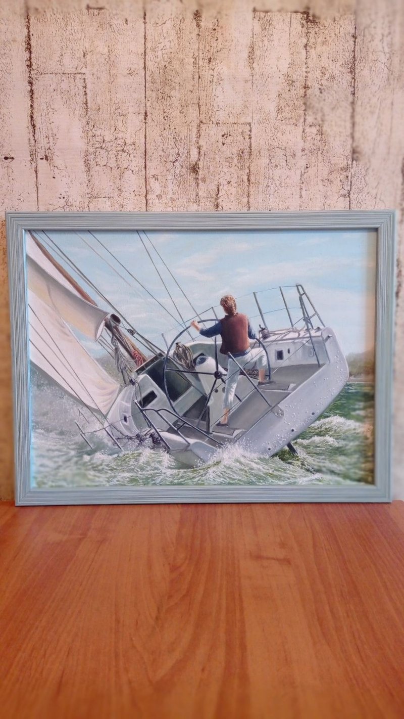 Oil painting Yacht. Author's painting on canvas. Free shipping. Seascape. - โปสเตอร์ - วัสดุอื่นๆ หลากหลายสี