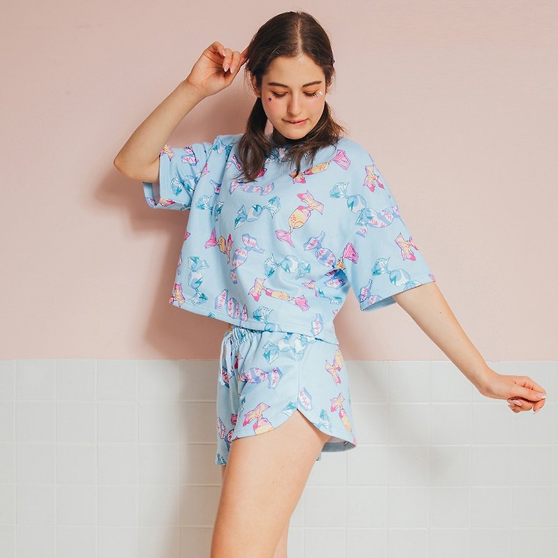 Electric sweetheart short-sleeved pajamas set / water blue - Loungewear & Sleepwear - Cotton & Hemp Blue