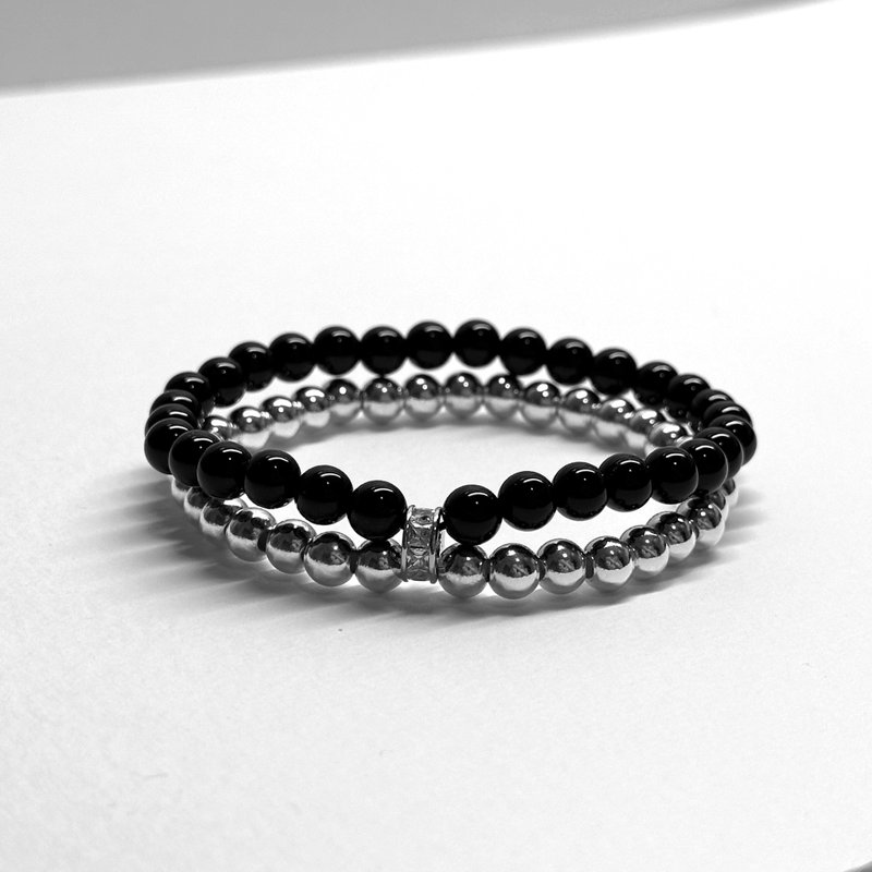 [Double Ring] Black Onyx | Silver Double Circle Thin Bracelet - สร้อยข้อมือ - เครื่องประดับพลอย สีดำ