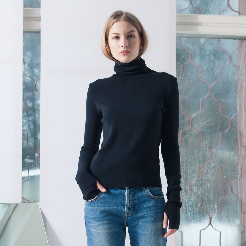 Black 100% merino wool turtleneck sweater jumper pullover for women ADA - 毛衣/針織衫 - 羊毛 黑色