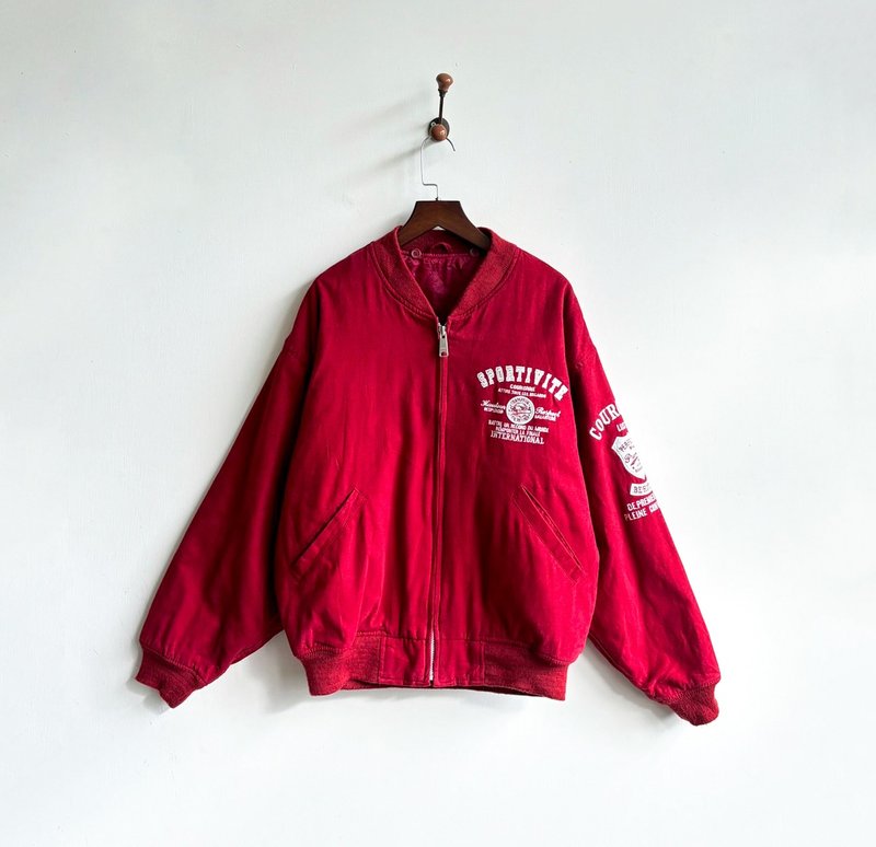 [Egg Plant Vintage] Passion Breeze Wool Vintage Jacket Baseball Jacket - เสื้อแจ็คเก็ต - ไฟเบอร์อื่นๆ สีแดง