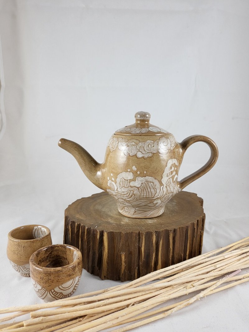 復古風海浪紋茶具組 - 茶壺/茶杯/茶具 - 陶 卡其色