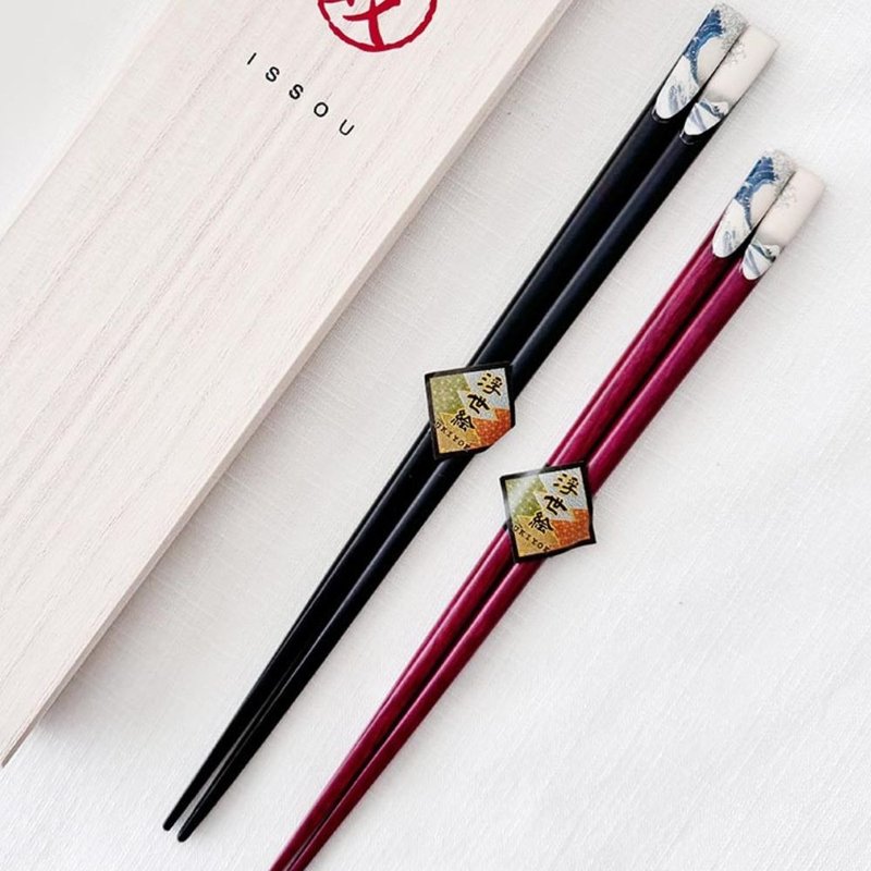 Hokusai Wave Lacquered Chopsticks Set for Couples / With Wooden Box - Chopsticks - Wood Multicolor