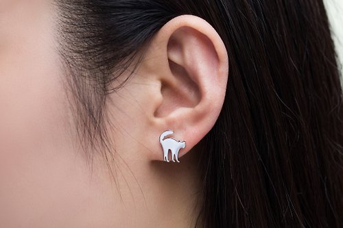 吳小姐3d訂製珠寶 抗敏醫療鋼 貓影與鑽-炸毛貓耳環(可改夾式)