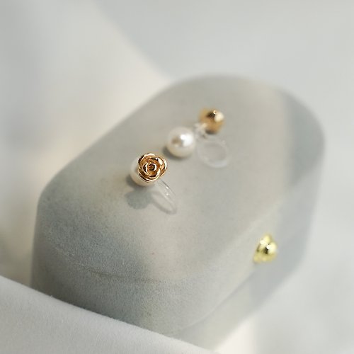 Zuzu Jewelry 細緻玫瑰花 925純銀 珍珠耳環 雙面配戴 夾式耳環