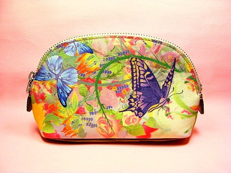 Porch with flowers and swallowtail butterfly wings - Toiletry Bags & Pouches - Genuine Leather Pink