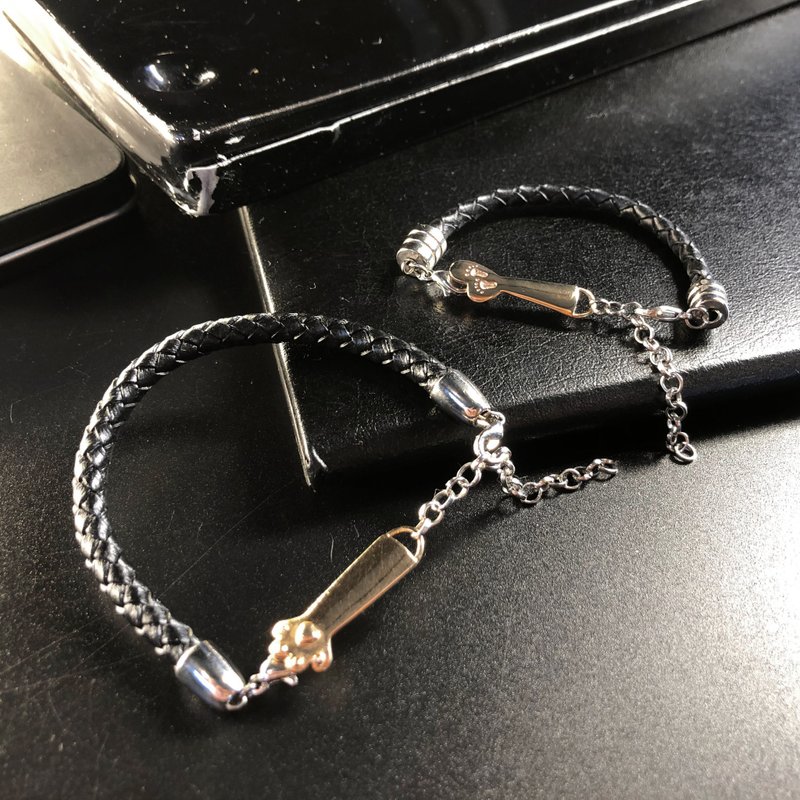 6mm真皮編織手鍊∣心形925純銀∣客製化刻字 - 手鍊/手環 - 真皮 黑色