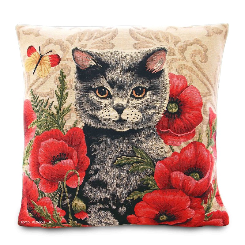 歐洲皇家緹花抱枕_在花園玩耍的英国短毛猫_限量1個 新年禮物 - 枕頭/抱枕 - 棉．麻 